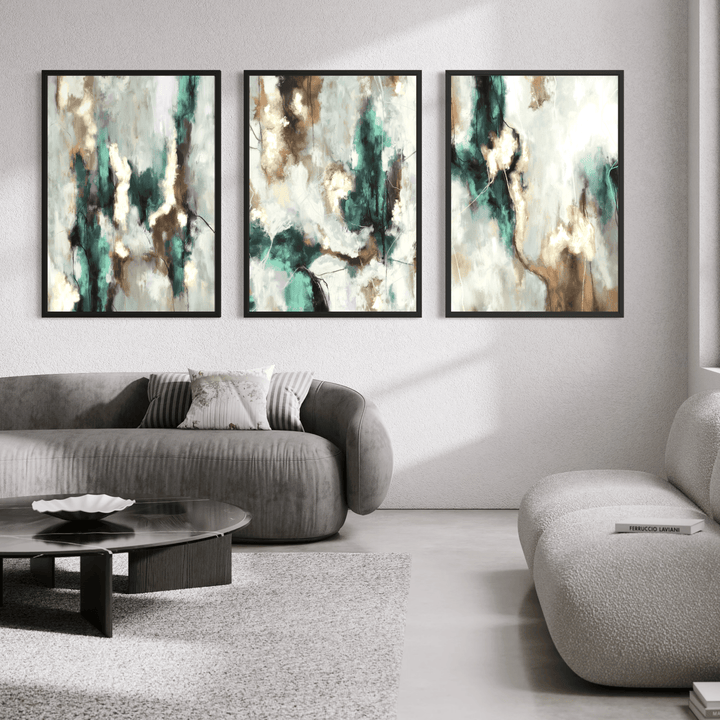 Green Forest abstract framed canvas triptych close-up showing rich green tones
