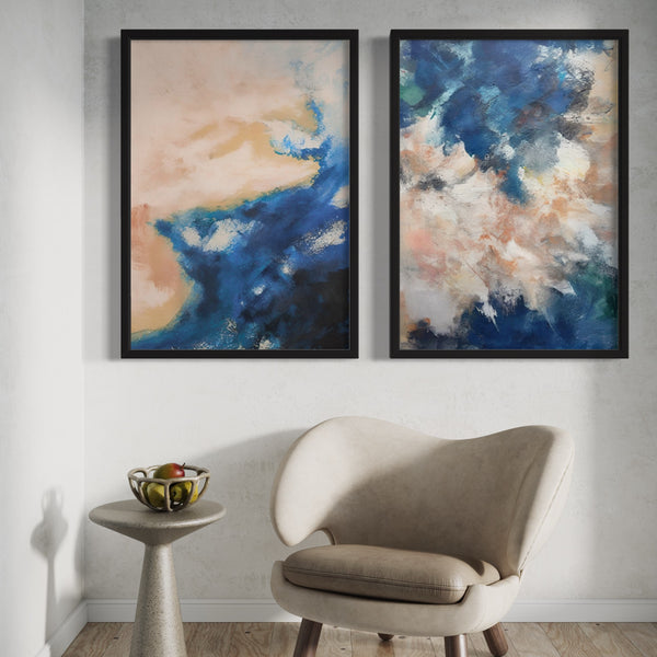 Abstract Art set of 2 prints - Silver & Blue Clouds