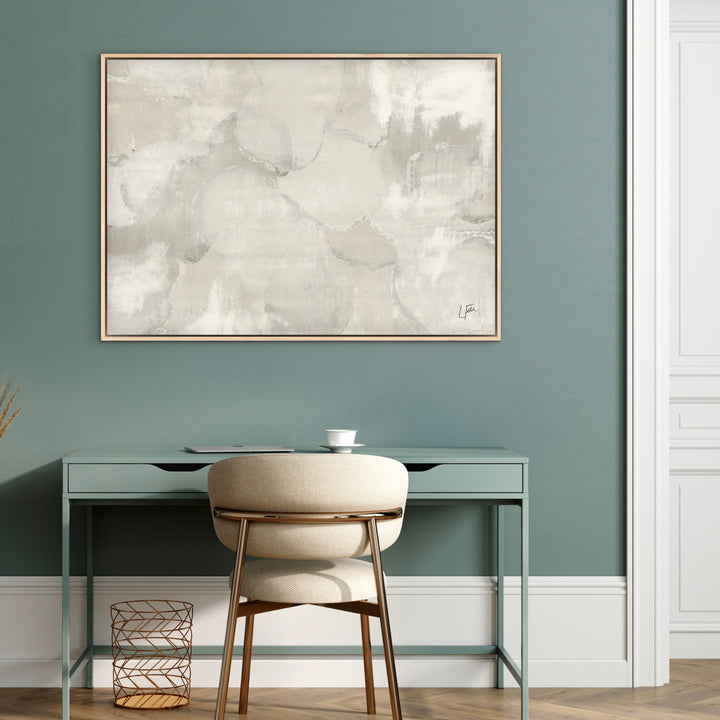 Framed Canvas - Whisper styled in a contemporary bedroom with serene neutral tones
