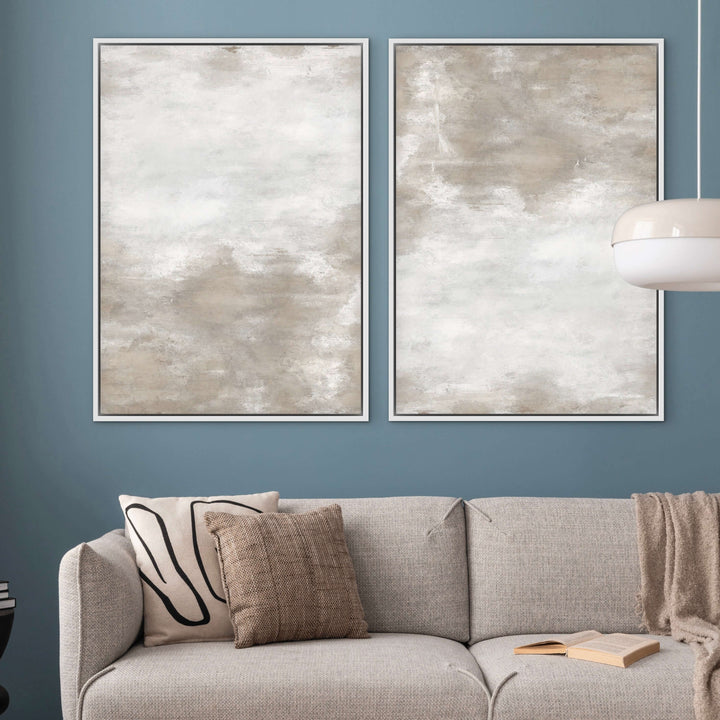 Framed Canvas Set of 2 - White Sand abstract wall art in soft white and sandy neutral tones - hand-stretched wall art by HD London Art