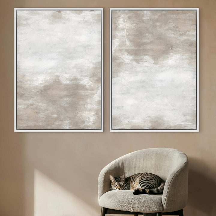 Framed Canvas Set of 2 - White Sand abstract artwork detail showing delicate sandy colour blending