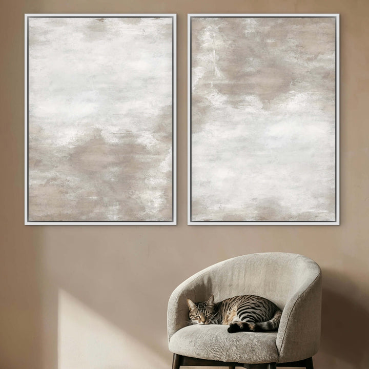 Framed Canvas Set of 2 - White Sand abstract artwork detail showing delicate sandy colour blending