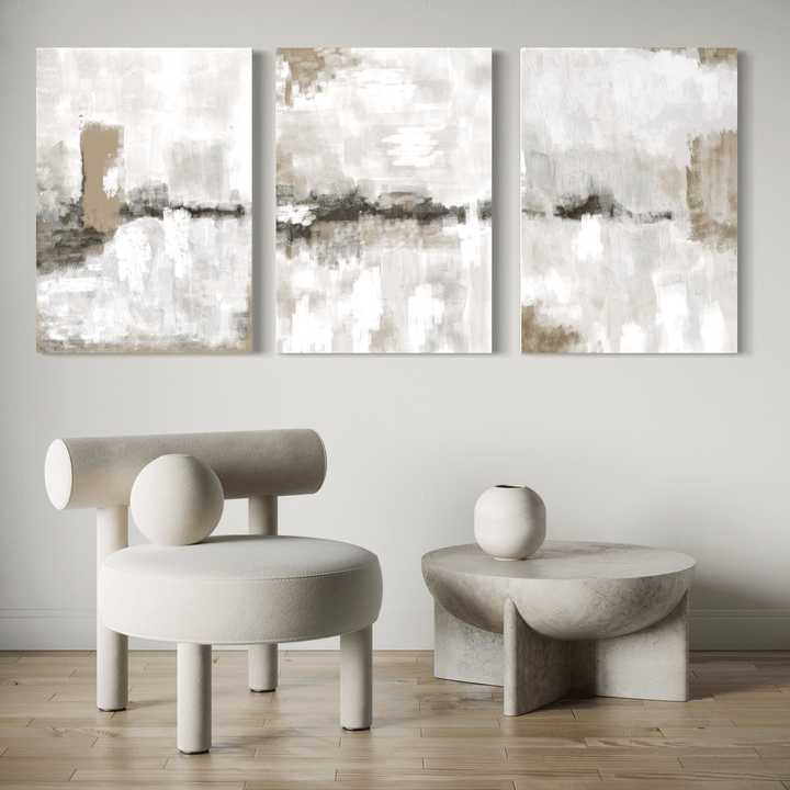 Close-up detail of nude and grey clouds abstract canvas art showing brushstroke texture