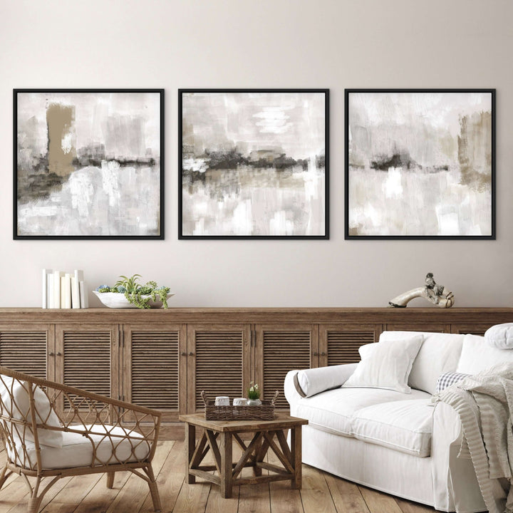 Nude and Grey Clouds framed canvas set of 3 displayed in a modern living room