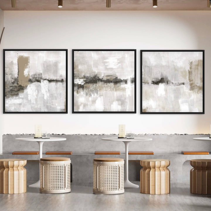 Nude and Grey Clouds framed canvas triptych styled with neutral contemporary decor