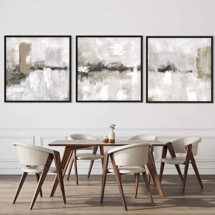 Nude and Grey Clouds framed canvas set of 3 close-up showing soft brushstroke detail