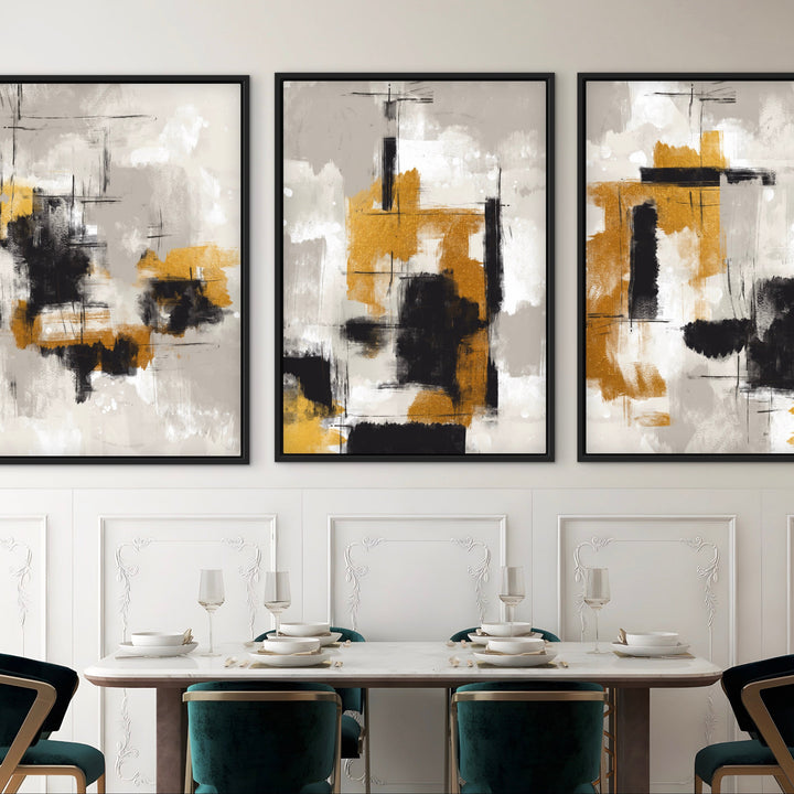 Set of 3 Framed Canvas - Golden Noir