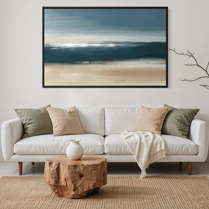 Coastal Whisper framed canvas displayed in a serene modern living room