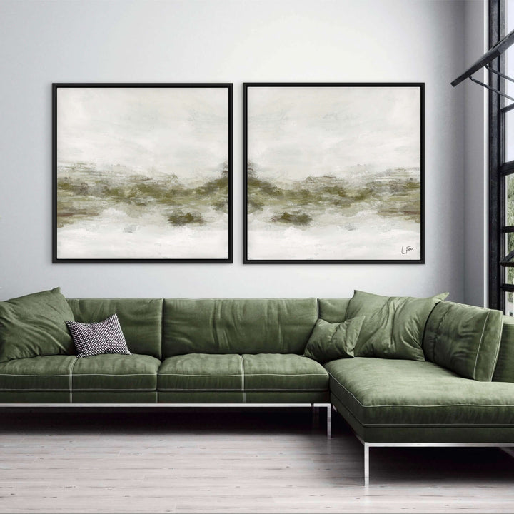 Framed Canvas Set of 2 - Spring Moss styled in a contemporary interior with natural decor
