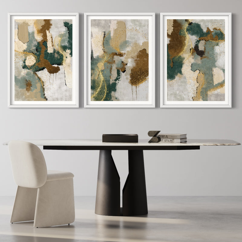 Abstract Art set of 3 prints - Green & Gold