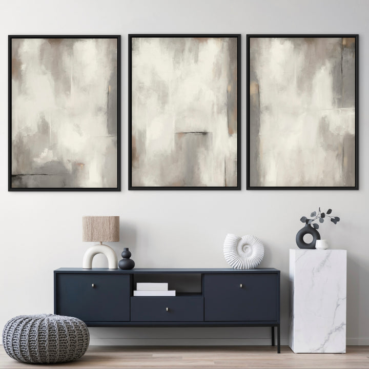 Set of 3 Framed Canvas - Stone Atelier displayed as a trio in a contemporary living room