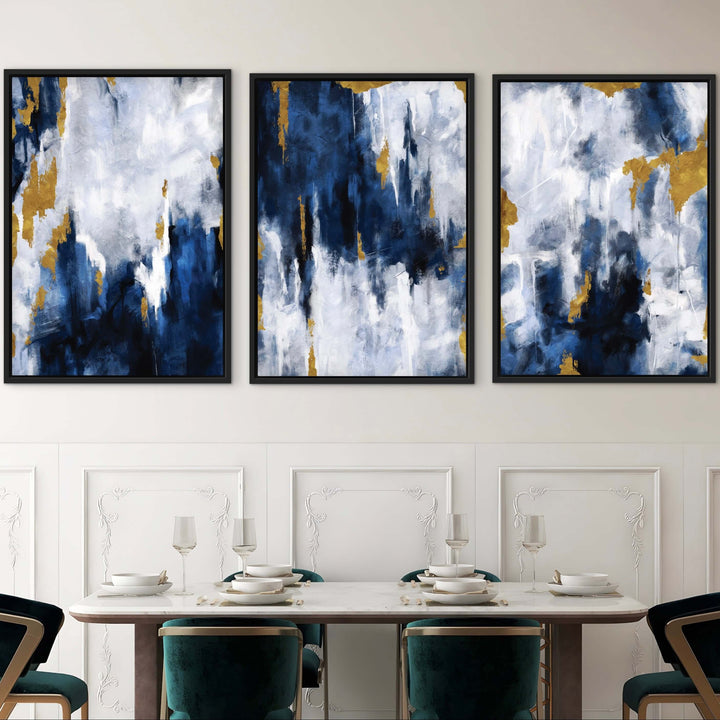 Navy Blue and Gold abstract framed canvas triptych displayed in modern interior