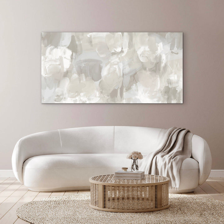 Whispered Mist abstract canvas displayed in a serene modern living room