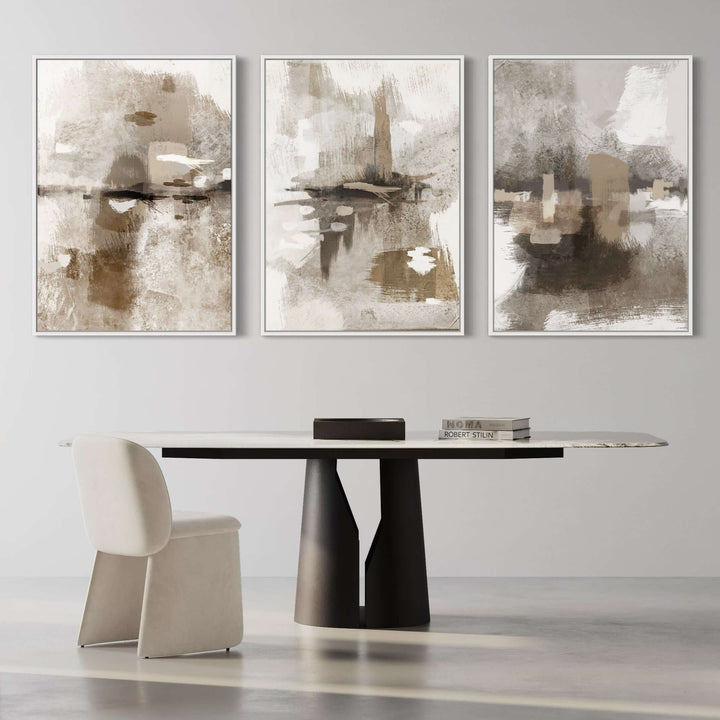 Portofino abstract framed canvas triptych close-up showing coastal tones