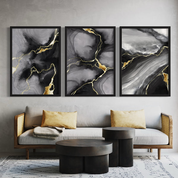 Abstract Art set of 3 prints - Black & Gold