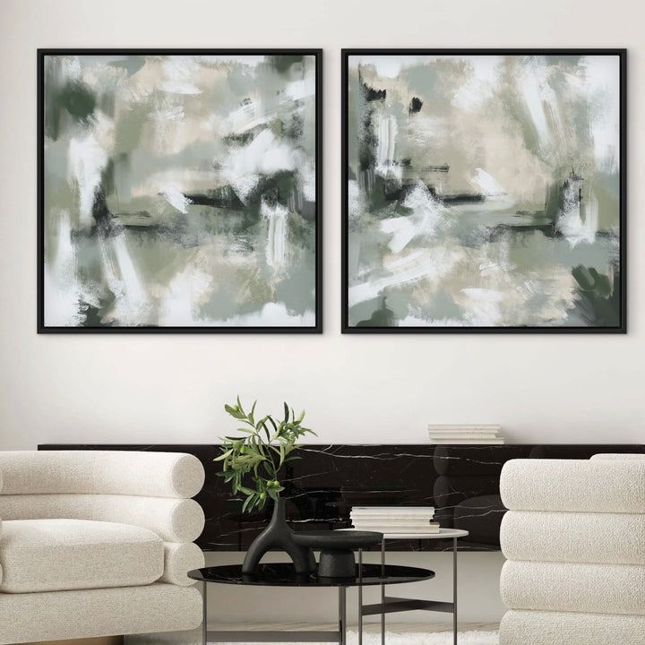 Framed Canvas Set of 2 - Green Clouds close-up showing soft green brushwork and misty texture