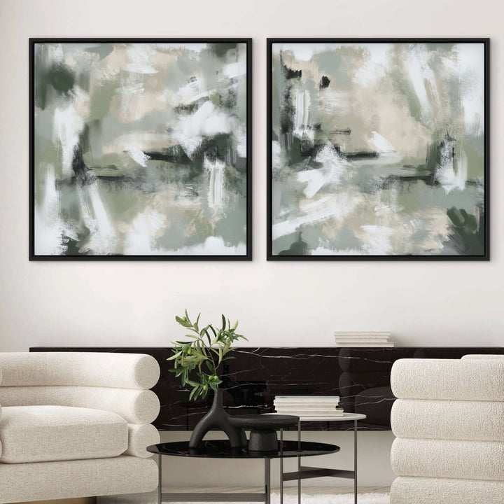 Framed Canvas Set of 2 - Green Clouds close-up showing soft green brushwork and misty texture