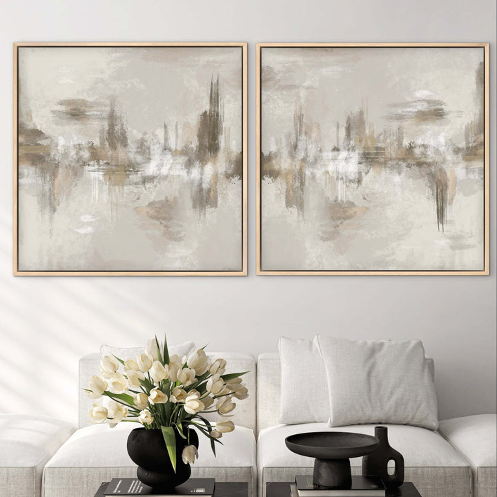 Framed Canvas Set of 2 - Neutral Depths styled in a contemporary interior with warm decor