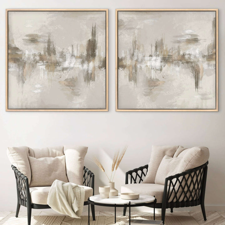 Framed Canvas Set of 2 - Neutral Depths abstract artwork detail showing tonal depth