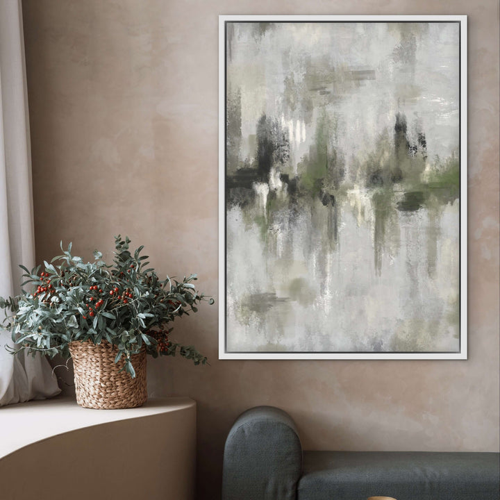 Framed Canvas - Amalfi Green displayed in a modern living room with lush green styling