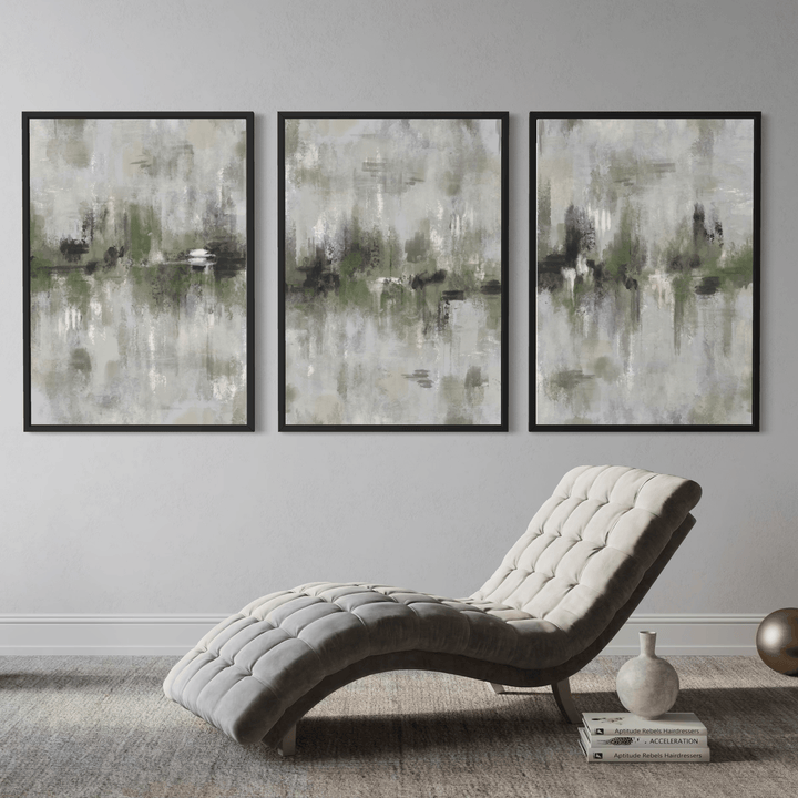 Set of 3 Framed Canvas - Amalfi Green styled in a modern interior with natural decor