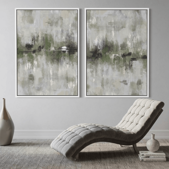 Framed Canvas Set of 2 - Amalfi Green displayed as a pair in a modern living room