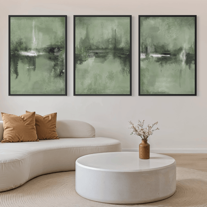 Set of 3 Framed Canvas - Verona Sage abstract wall art in soft sage green tones - hand-stretched wall art by HD London Art