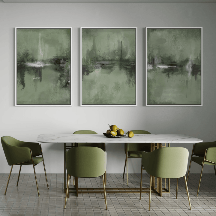 Set of 3 Framed Canvas - Verona Sage styled in a modern interior with botanical accents