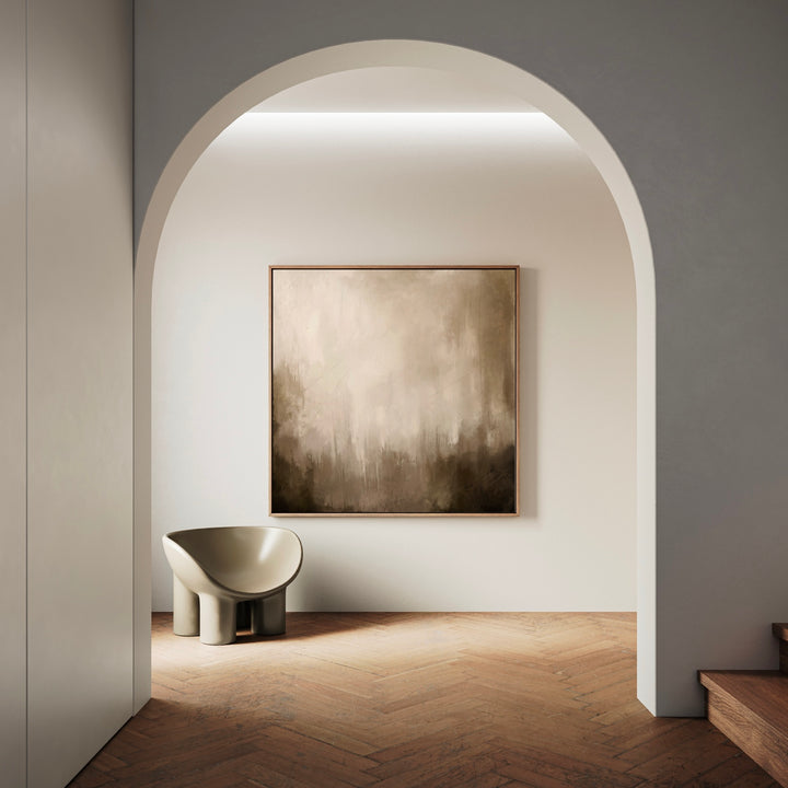 Abstract Art Framed Canvas Styled With An Arched Alcove, Sculptural Beige Accent Chair, And Herringbone Wood Floors. Perfect For A Minimalist Hallway Or Entryway.