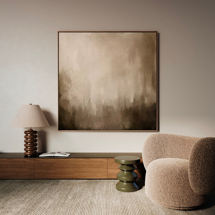 Abstract Art Framed Canvas Style Styled With A Low Wood Media Console, Bouclé Barrel Chair, Sculptural Olive Side Table, And Textured Rug. Perfect For A Minimalist Living Room.