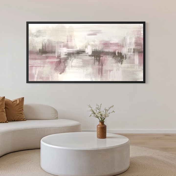 Framed Canvas - Pink Dusk displayed in a bright modern space with neutral accents