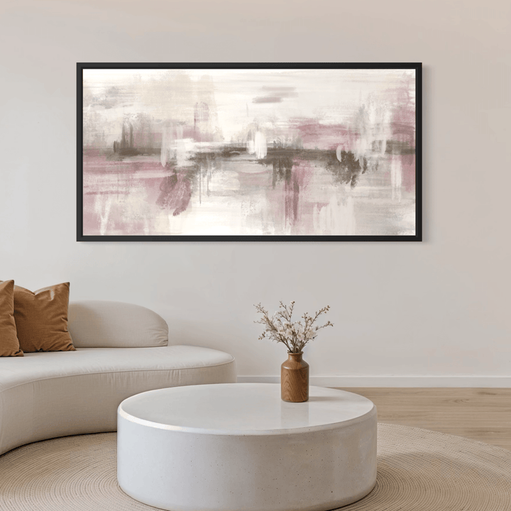 Framed Canvas - Pink Dusk displayed in a bright modern space with neutral accents