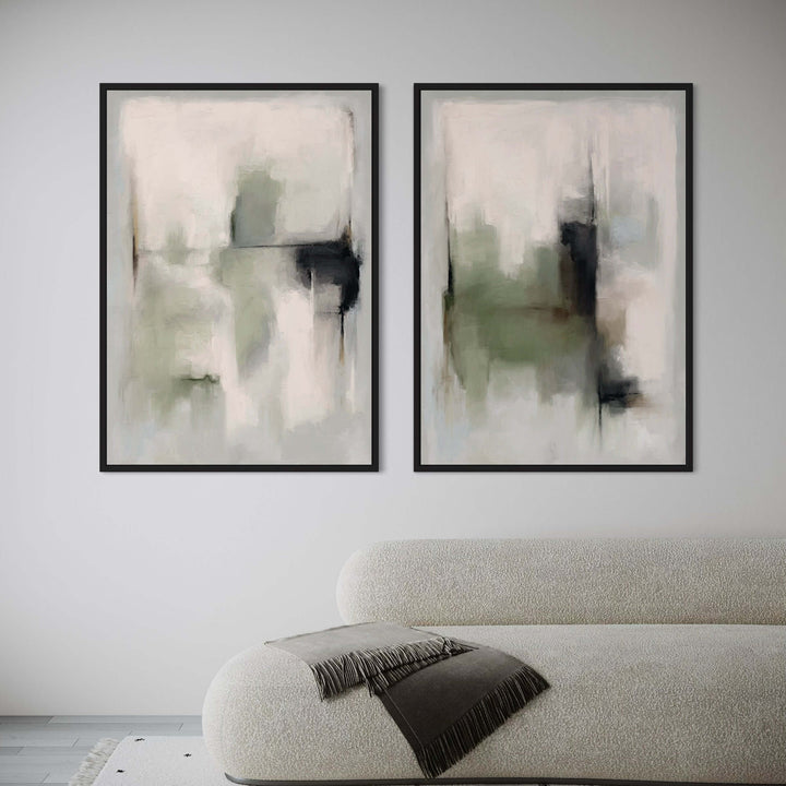 Tuscany Green framed canvas pair styled in a modern living room