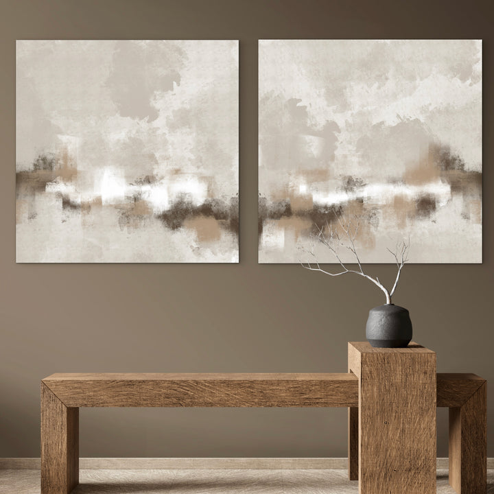 Sorrento abstract canvas pair displayed in a contemporary living room with neutral decor