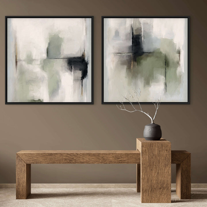 Tuscany Green framed canvas pair in a contemporary dining room