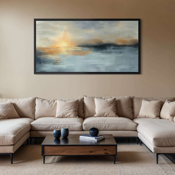 Tulum Blue framed canvas displayed in a modern coastal-inspired room