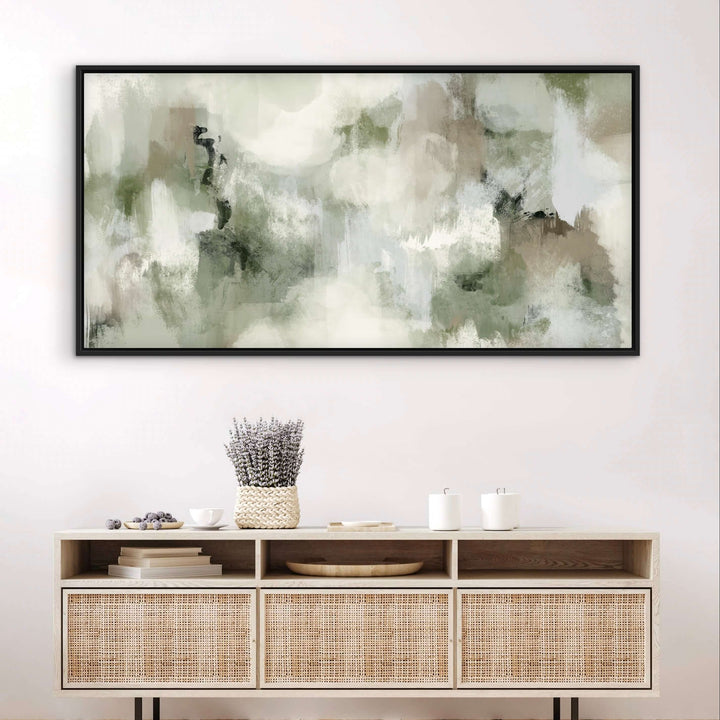 Framed Canvas - Woodland Serenity styled in a contemporary living room with natural green accents