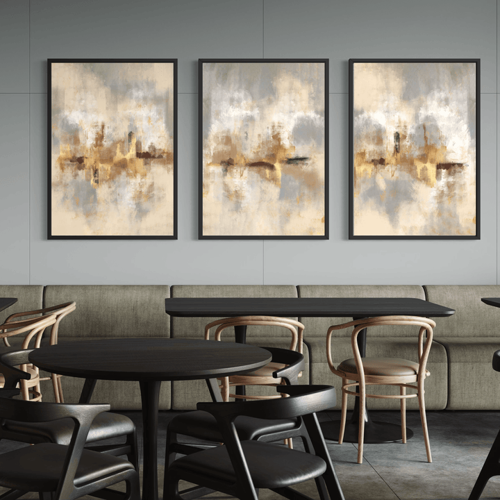 Set of 3 Framed Canvas - Gold Serenity styled in a contemporary interior with elegant decor