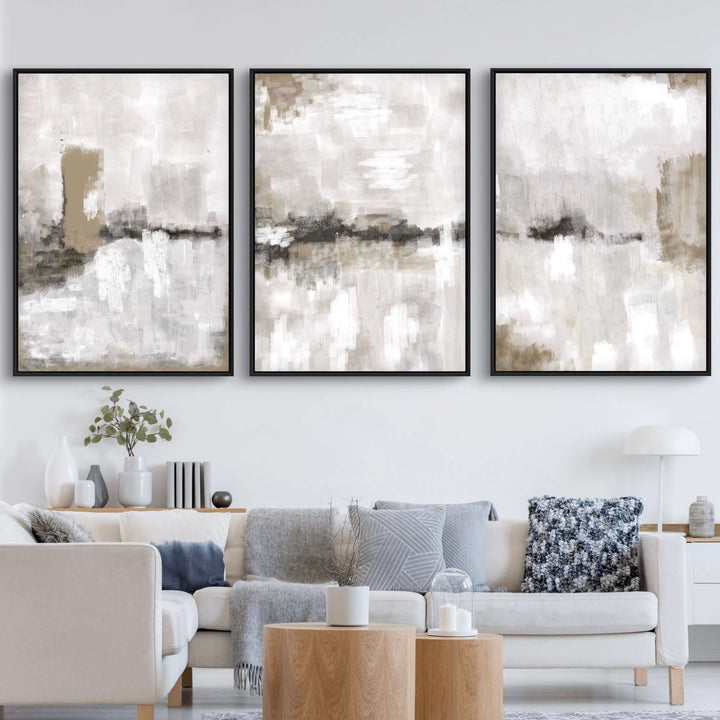 Nude and Grey Clouds framed canvas triptych close-up detail