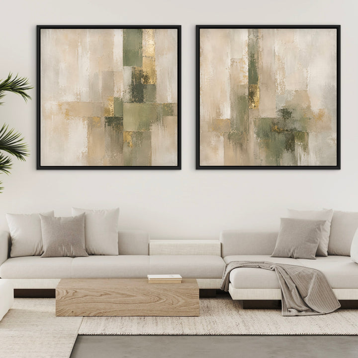 Framed Canvas Set of 2 - Olive & Gold styled above a modern sofa in a bright living room