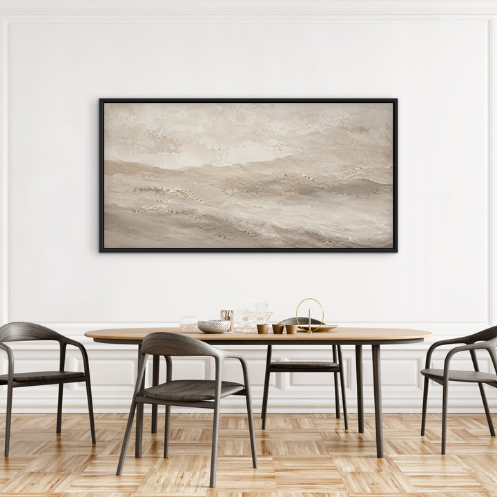 Dune neutral panoramic abstract framed canvas above a dining table