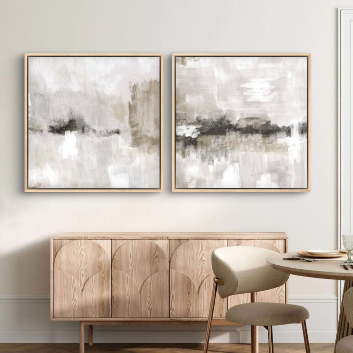 Nude and Grey Clouds framed canvas set of 2 styled in a neutral living room