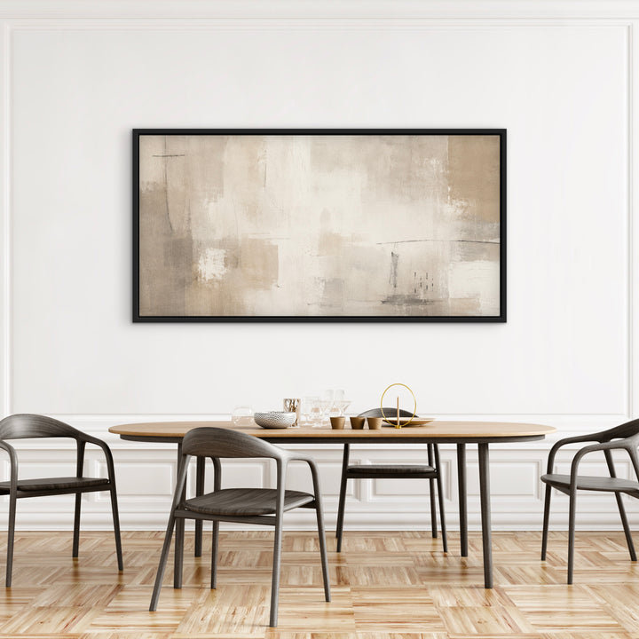 Soft Summer neutral abstract framed canvas above a wooden dining table
