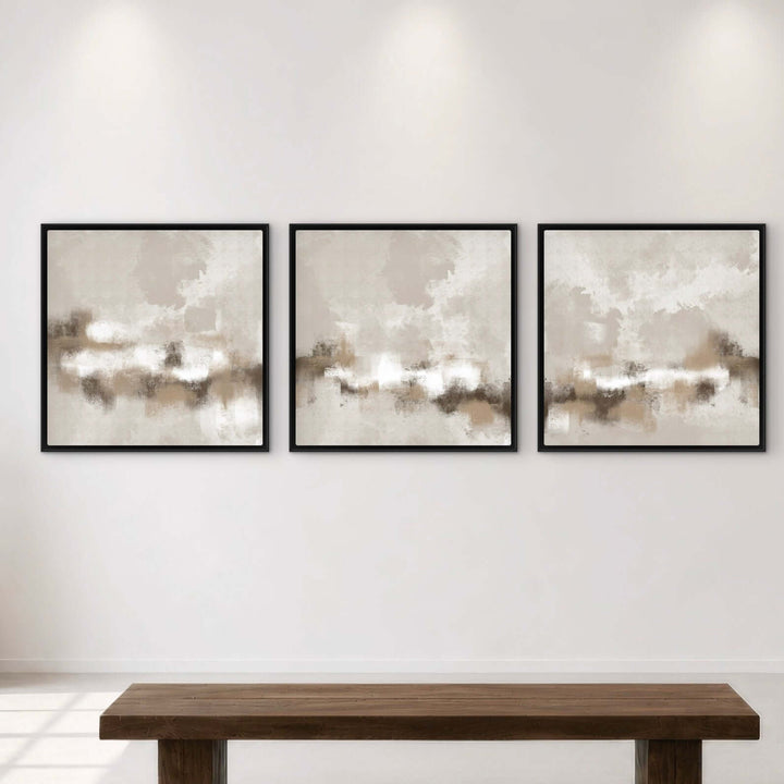 Sorrento set of 3 square framed canvas close-up showing warm neutral brushwork detail
