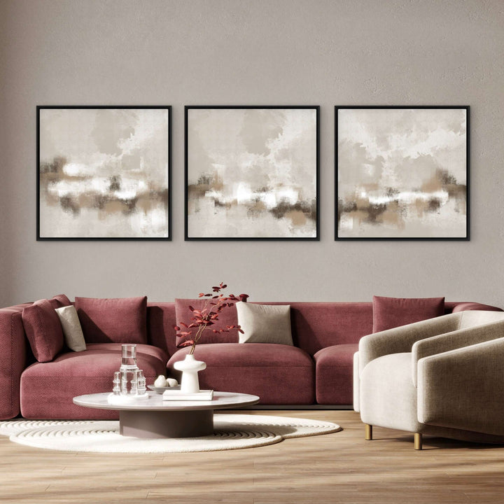 Sorrento set of 3 square framed canvas triptych displayed in a contemporary living room