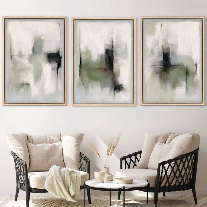 Tuscany Green framed canvas triptych styled in a warm contemporary interior with green accents