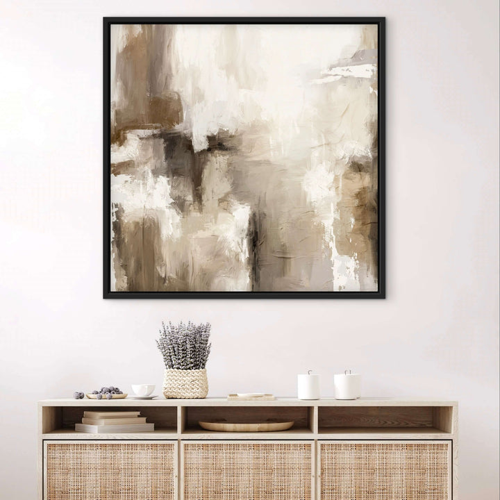 Framed Canvas - Santorini square displayed in a warm minimalist bedroom setting