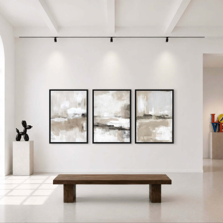 Stone Horizon framed canvas set of 3 close-up showing cool grey and stone brushwork detail