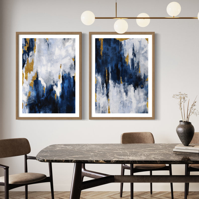 Abstract Art set of 2 prints - Navy Blue & Gold