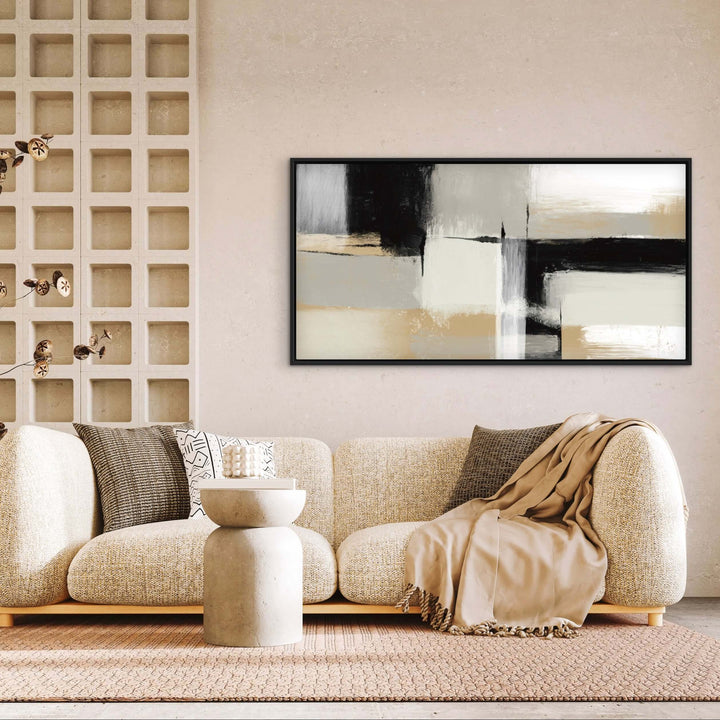 Neutral Blocks framed canvas art styled with contemporary furniture